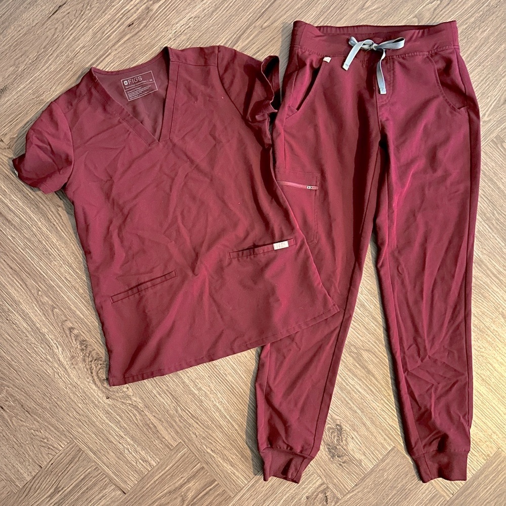 Figs Burgundy Casma Top and Zamora Joggers Scrubs Set